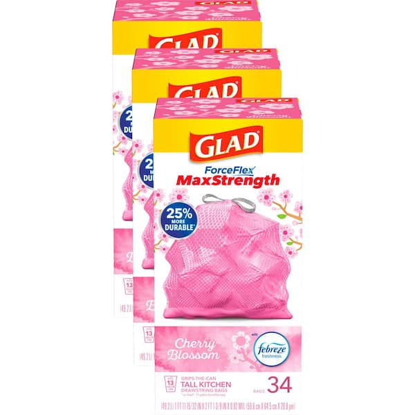 13 Gallon ForceFlex MaxStrength Tall Kitchen Drawstring Cherry Blossom with Febreze Pink Trash Bags (34-Count, 3-Pack)