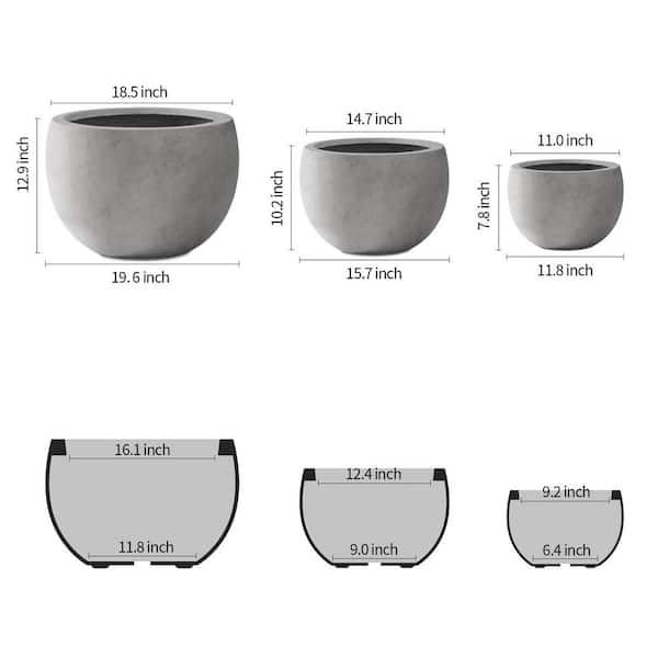 Kante 20 in., 16 in. and 12 in. W Round Lightweight Natural Concrete Metal Indoor Outdoor Planter Pots (Set of 3)