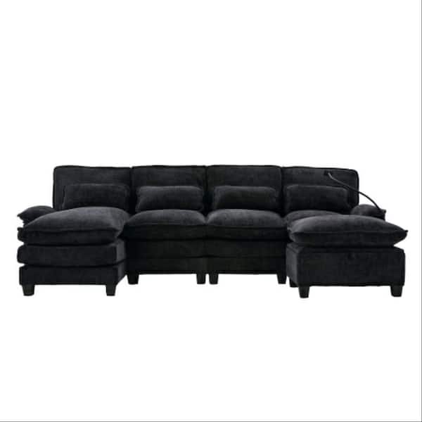 106 in. 5-pieces Chenille U-Shaped Modular Sectional Sofa with Chaise Lounge and Storage Ottoman in. Black