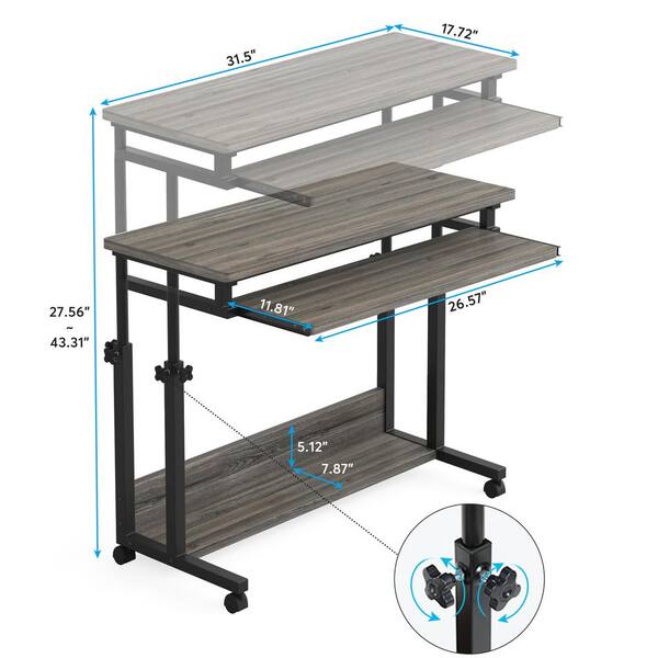 BYBLIGHT Moronia 31.5 in. Brown Portable Laptop Desk, Height Adjustable Laptop Rolling Table with Keyboard Tray on Wheels