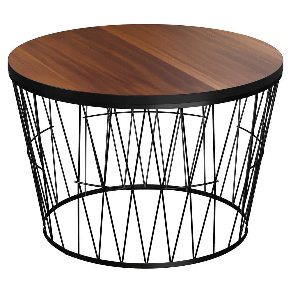 Mid-Century Modern Round Walnut & Black Coffee Table with Geometric Base
