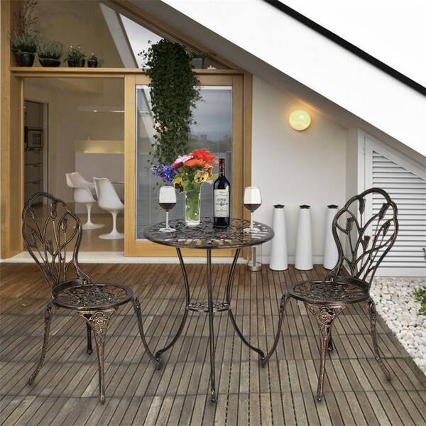 balcony patio set 3pc umbrella 3-Piece Cast Aluminum Bistro Set Outdoor Table and Chairs with Ornamental  Rose Design Umbrella Hole for Patio, Balcony YDQ_PHO_0W2C86VI