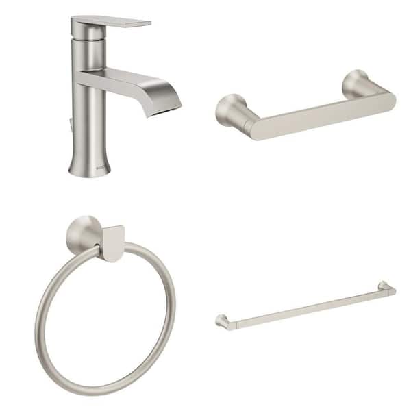 Genta Brushed Nickel Faucet, Toilet Paper Holder, Towel Ring and 24 in. Towel Bar Combo