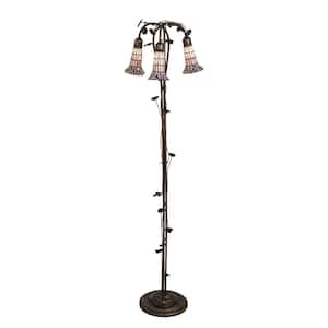 Pond Lily 58 in. Mahogany Bronze Victorian 3-Light Dimmable Arc Floor Lamp with Stained Glass Cone Shade