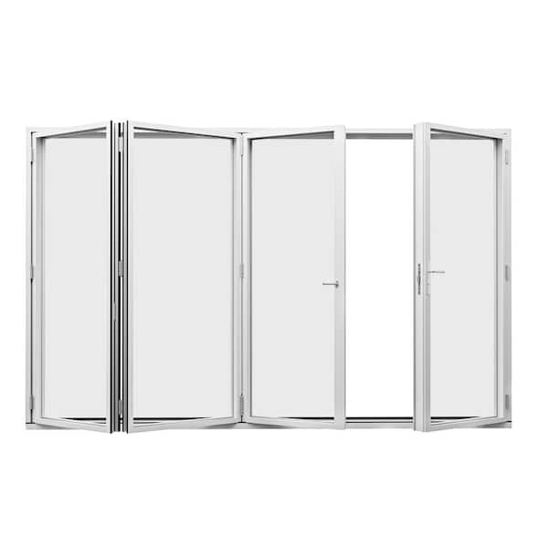 144 in. x 80 in. Left Center Opening/Outswing Double Tempered Glass White Aluminum Folding Patio Door