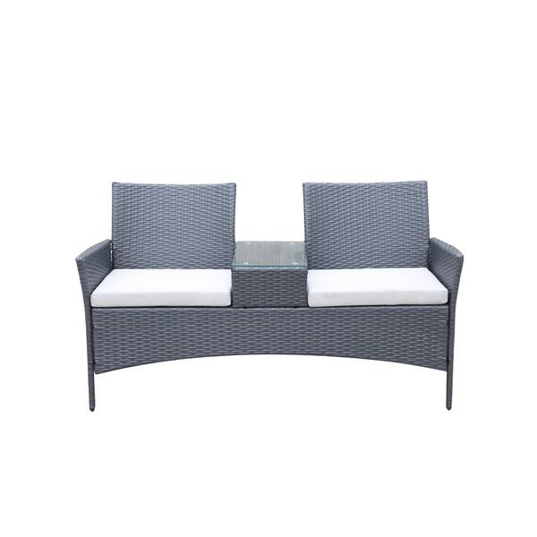 URTR Gray PE Wicker Outdoor Lounge Chair Rattan Armchair Loveseat for Garden with Build-in Table with Beige Cushion