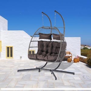60.1 in. 2-person Wicker Patio Swings With Cushions Outdoor Rattan Furniture Hanging Chair Egg Chair in Dark Brown
