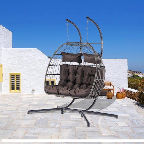 Runesay 60.1 in. 2-person Wicker Patio Swings With Cushions Outdoor Rattan Furniture Hanging Chair Egg Chair in Dark Brown