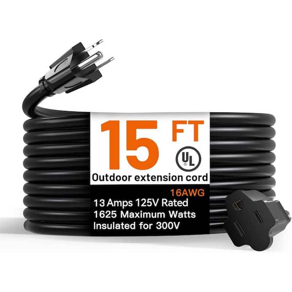 15 ft. 16/3 Heavy Duty Outdoor Extension Cord with Flexible Long Wires, Black (1-Pack)