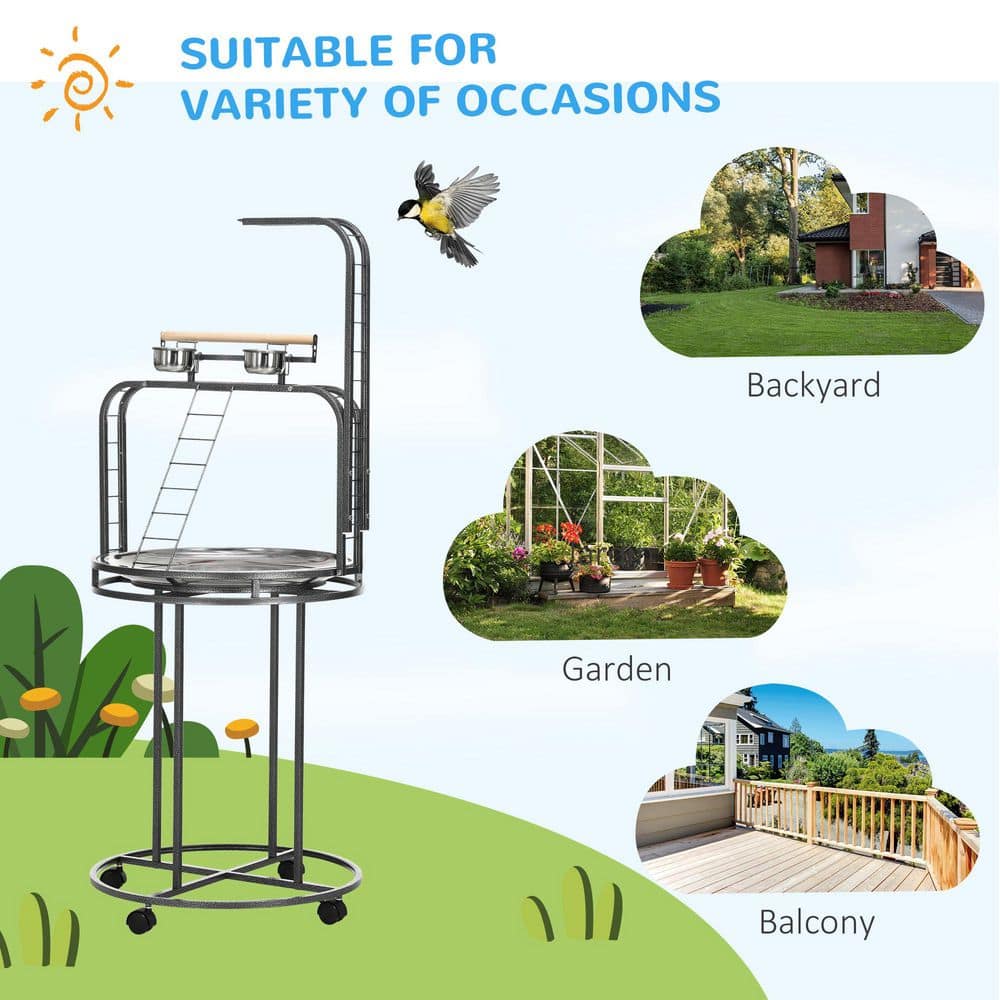 Gray Steel Bird Perch Stand with Toy Hook and Ladders
