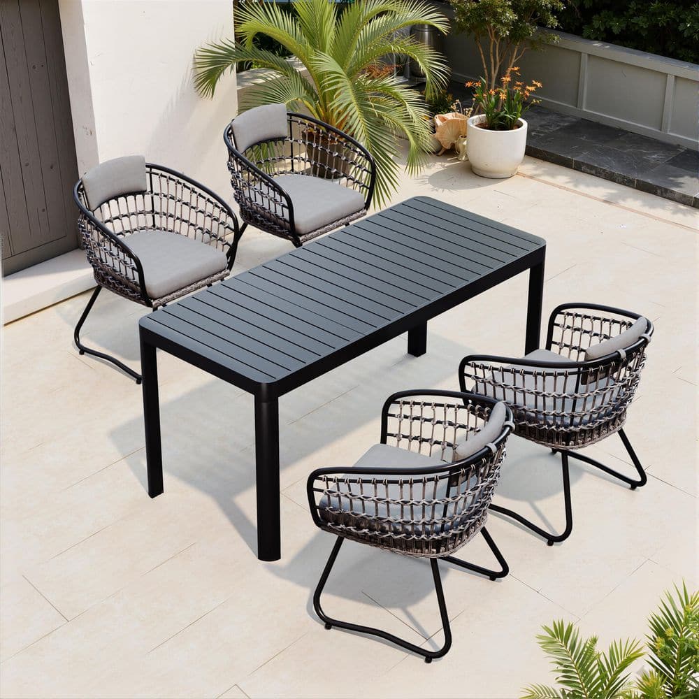 5-Piece Metal Outdoor Dining Set, Expandable Rectangle 64 in. Table and Wicker Chairs with Gray Cushion