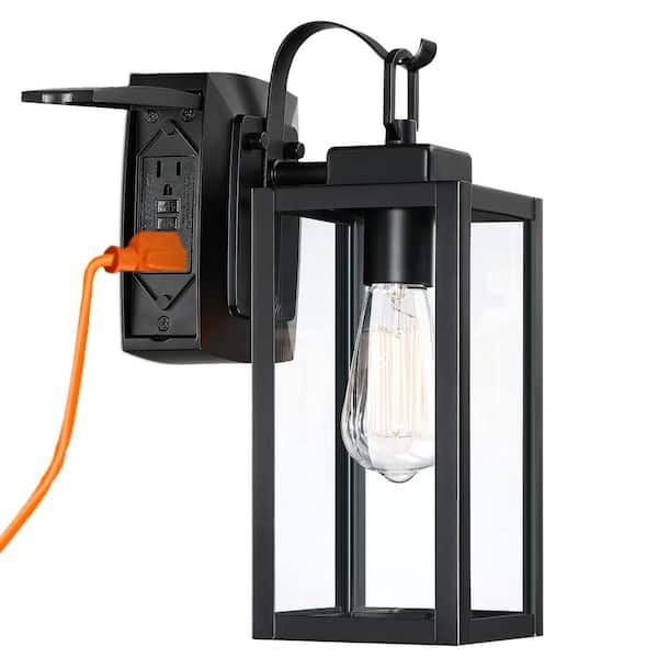 Uixe 1-Light Matte Black Light Outdoor Wall Lantern Sconce with Clear Glass and Built-In GFCI Outlets