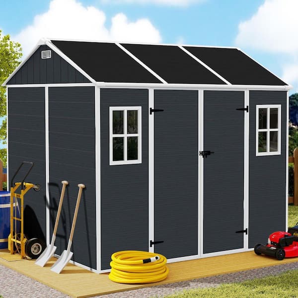 8 ft. W x 7 ft. D Resin Shed with 2-Window and Double-Door, Plastic Shed with Floor in Dark Gray (54 sq. ft. )