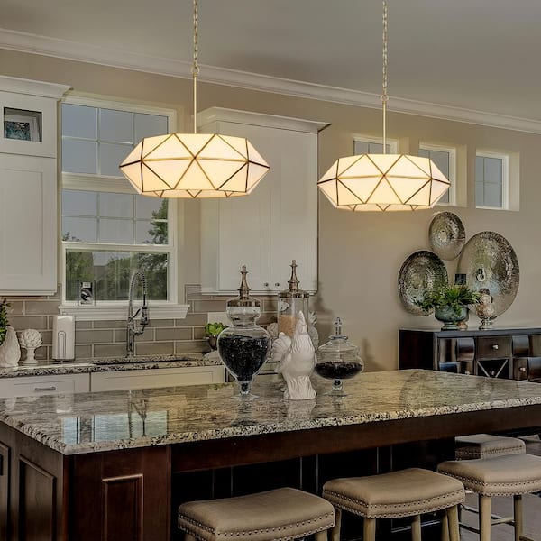 Modern 5-Light Gold and Copper Geometric Chandelier with White Stained Glass Shade for Kitchen Island, No Bulbs Included