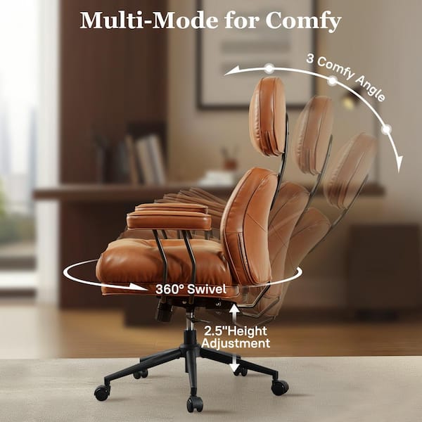 Kro PU Fabric Swivel Ergonomic Office Task Chair in Light Brown with Recliner High Back Lumbar Support Adjustable Arms