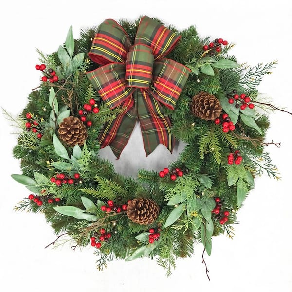 Home Accents Holiday 30 in Woodmoore Battery Operated Mixed Pine LED Pre-Lit Artificial Wreath with Timer and Plaid Ribbon