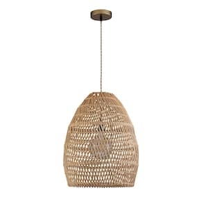 48-Watt 1 Light Natural Wood Color Cage Shaded Pendant Light with Rattan Shade, No Bulbs Included