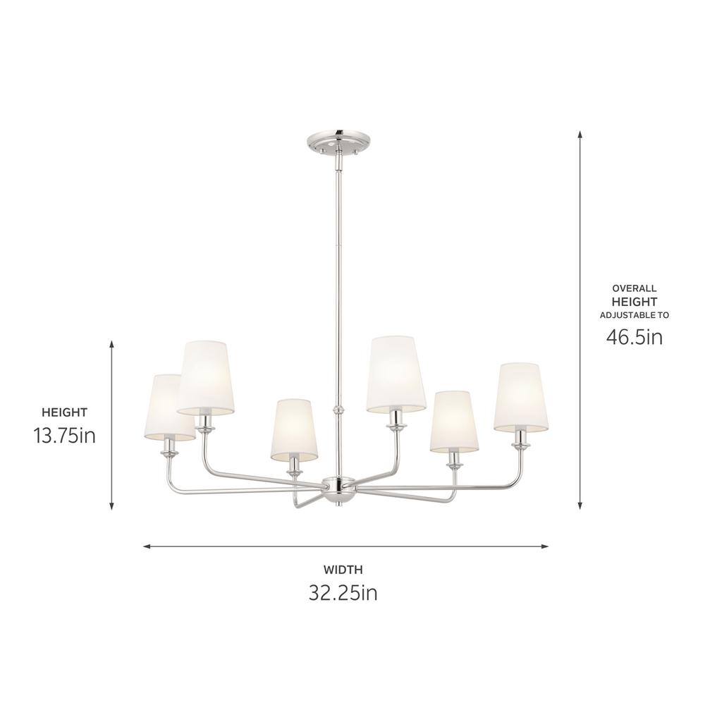 Elegant Pallas 6-Light Chandelier in Polished Nickel with White Linen Shades