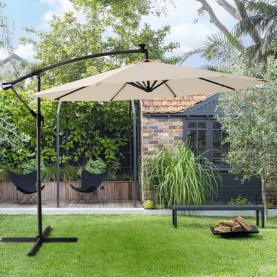 10 ft. Steel Offset Lighted Hanging Cantilever Solar Patio Umbrella with Cross Base in Beige