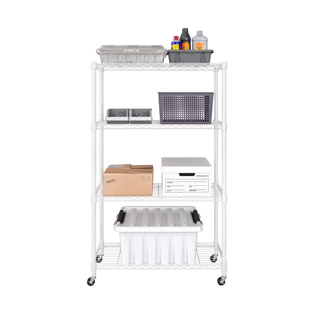 White Adjustable 4-Tier Steel Wire Shelving Unit with Wheels