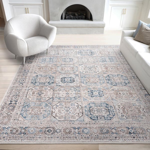 Magic Traditional Blue and Cream 9 ft. x 12 ft. Oriental Indoor Area Rug