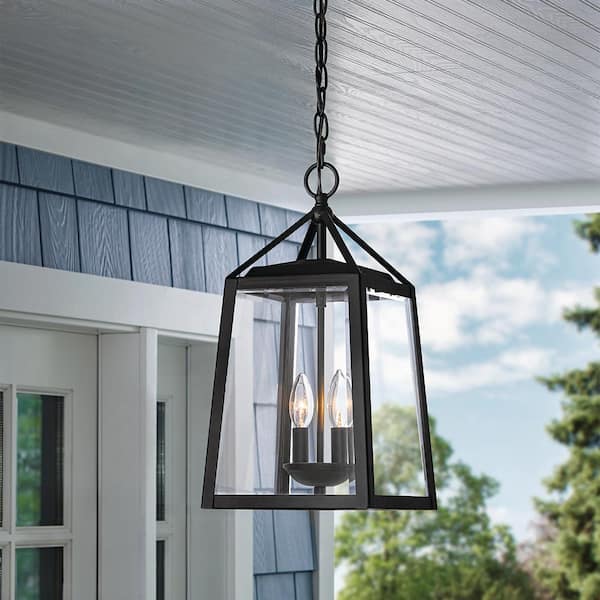 Home Decorators Collection Blakeley Transitional 18 in. 2-Light Black Outdoor Hanging Light Pendant Light with Clear Beveled Glass