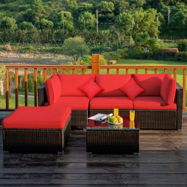 Kadehome 5-Pieces Rattan Wicker Patio Conversation Set with Red Cushion Outdoor Sectional Sofa Set with Tempered Glass Table Top