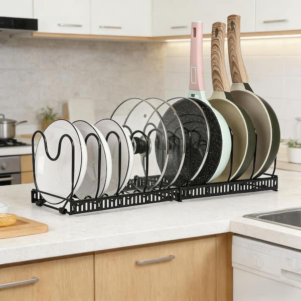 Black Expandable Standing Pot Rack Pot Organizer with 10 Adjustable Compartment for Kitchen Cookware and Pot Lid Storage