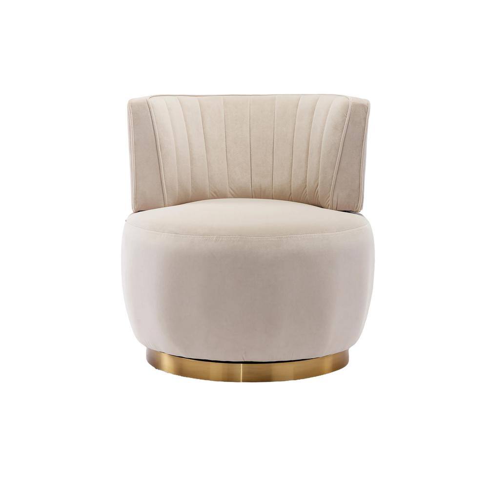 Beige Velvet Swivel Barrel Accent Chair with Metal Base