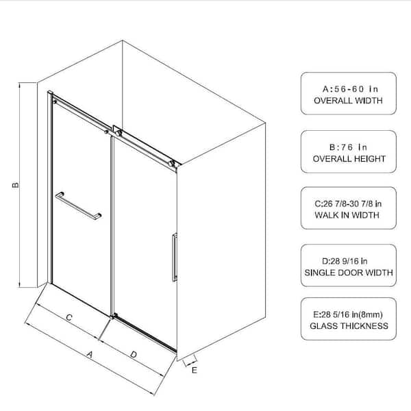 MEDUNJESS Aaby 56-60 in. W x 76 in. H Sliding Frameless Shower Door in Nickel with 5/16 in. (8 mm) Clear Glass