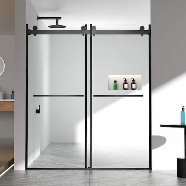 JimsMaison 56 in. to 60 in. W x 70 in. H Double Sliding Frameless Shower Door in Matte Black with 5/16 in. Thick Tempered Glass