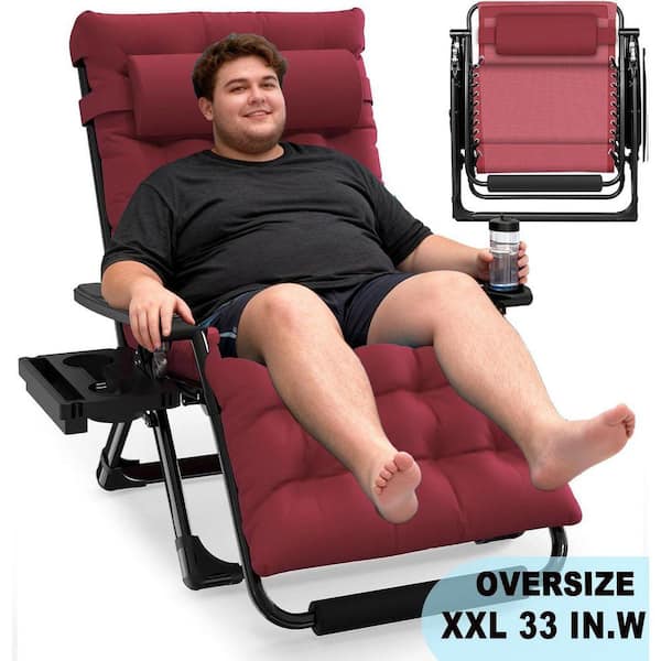 33 in.W Oversized Zero Gravity Chair Metal Outdoor Chaise Lounge with Claret Removable Cushion and Headrest