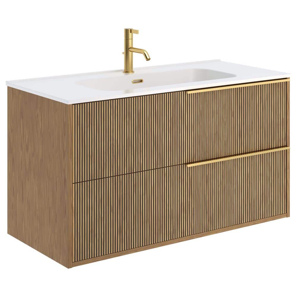 Demeter 40" Medium Brown MDF Wall Mounted Vanity with White Ceramic Top