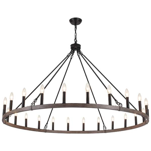 20-Light Black & Imitation Wood Grain Candle Style Wagon Wheel Chandelier Farmhouse Vintage Pendant Light