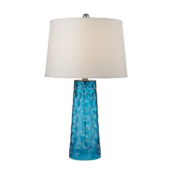 Titan Lighting 27 in. Blue Hammered Glass Table Lamp with Pure White Linen Shade