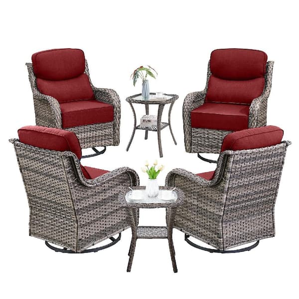Jhxl Series 6-Piece Gray Wicker Patio Conversation Deep Seating Set with Red Cushions