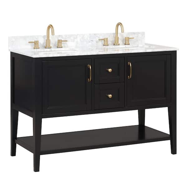 Sherway 49 in. Double Sink Black Bath Vanity with White Carrara Marble Top (Assembled)