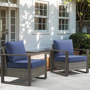 Rectangular Framed Armrest Gray Wicker Outdoor Patio Lounge Chair with CushionGuard Blue Cushions