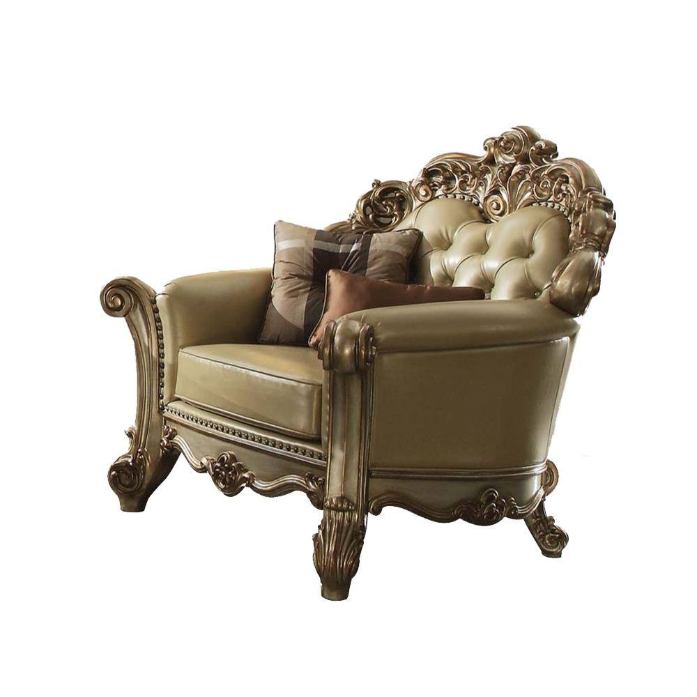 ACME Vendome Chair w/2 Pillows  Bone PU & Gold Patina-Color:Bone PU & Gold Patina Quantity:1 Style:Vintage/Traditional/Victorian