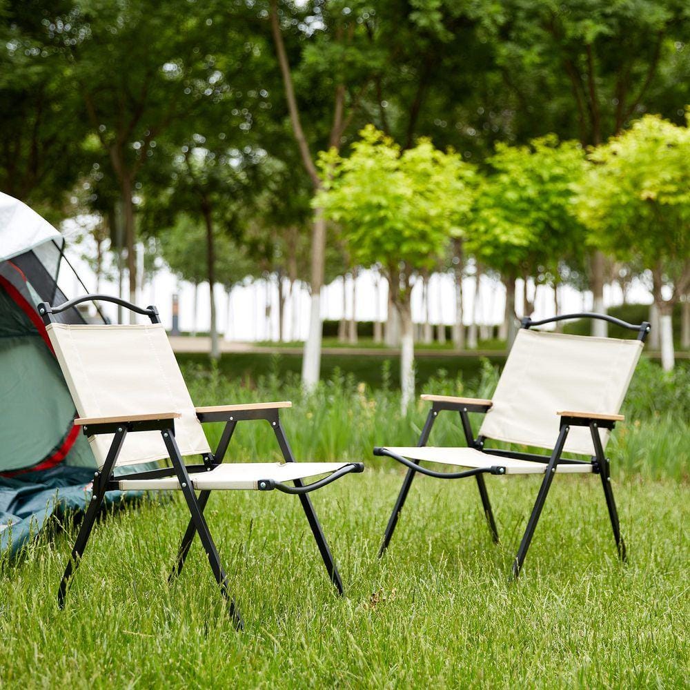2-Piece Steel Folding Beige Outdoor Lawn Chair for Camping