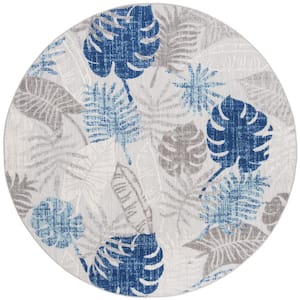 Cabana Gray/Blue 4 ft. x 4 ft. Geometric Leaf Indoor/Outdoor Patio  Round Area Rug
