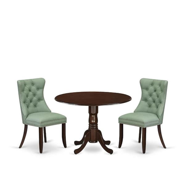 East West Furniture 3-Piece Mahogany Finish Solid Wood Top-Round Upholstered Dining Room Set with Dropleaf-Seats 4