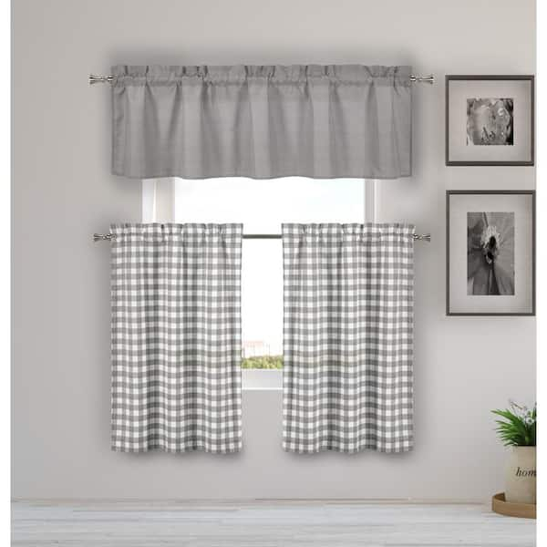 HOME MAISON Grey Gingham Rod Pocket Room Darkening Curtain - 58 in. W x 15 in. L (Set of 2)