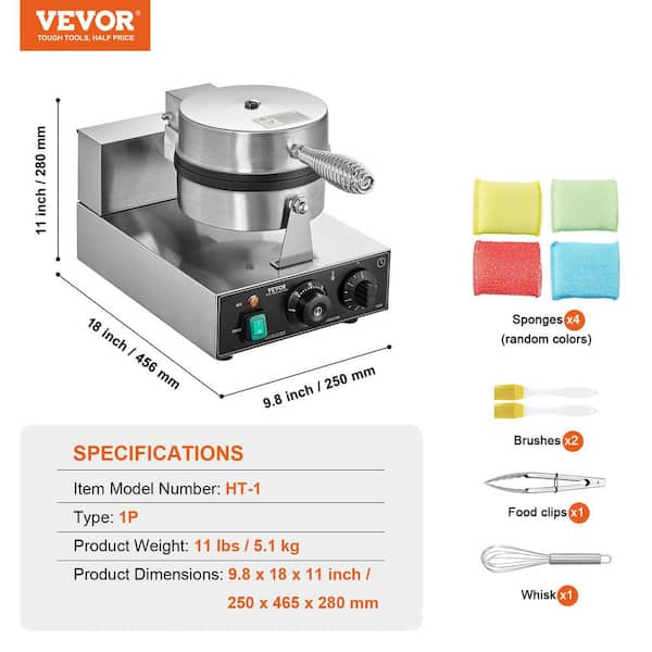 VEVOR 110V Commercial Round Waffle Maker Nonstick Rotated 1100W Electric Waffle Machine Stainless Steel Temperature and Time Control Suitable for Bakeries Snack Bar Family