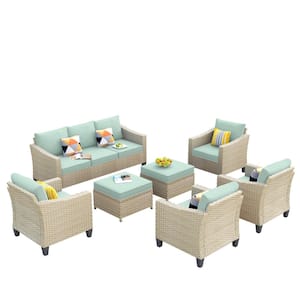 Oconee Beige 7-Piece Beautiful Outdoor Patio Conversation Sofa Seating Set with Mint Green Cushions