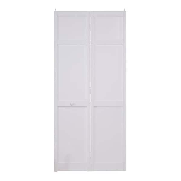 36 in. x 80 in. Seabrooke Shaker Style White Hollow Core, PVC Vinyl, Bifold Door With Hardware.