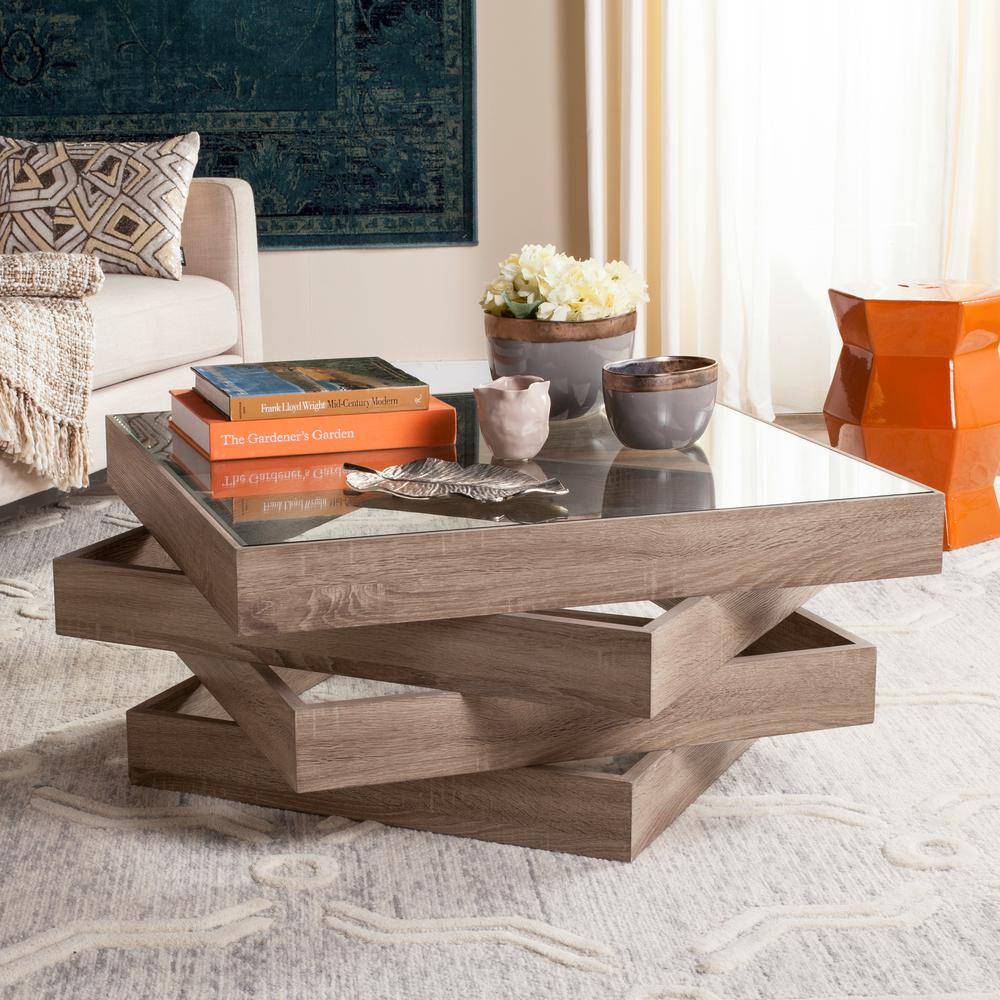 Transitional Geometric 34" Square Wood and Glass Coffee Table in Beige