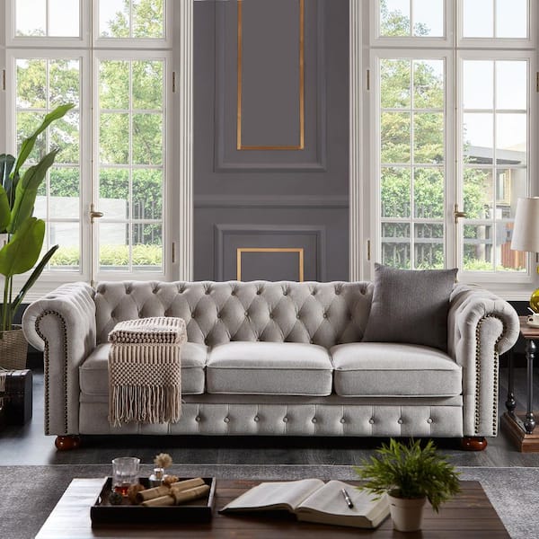 Selvian 88.5 in. Rolled Arm Button Tufted Nailheads Linen Upholstered Rectangle Chesterfield Sofa in Light Grey