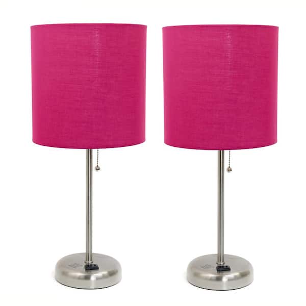 Simple Designs 19.5 in. Brushed Steel Stick Lamp with Charging Outlet and Fabric Shade Pink (2-Pack)