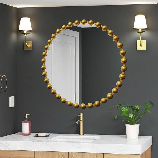27 in. W x 27 in. H Luxury Round Gold Beaded Metal Frame Decorative Mirror Bathroom Mirror Wall Mirror